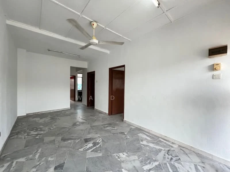 Room features: white painted walls, marble flooring, ceiling fan, light fixture, doorway to adjacent room, window with natural light.