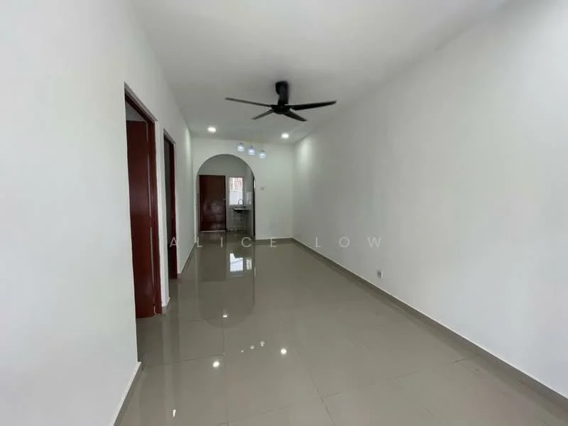 Living features: white painted walls, glossy ceramic tile flooring, 5-blade ceiling fan with light, recessed downlights, arched doorway, doorway leading to another room, neutral color scheme, no visible furniture; style: modern.