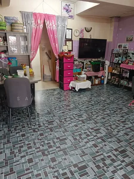 Room features: grey and green patterned tile flooring, purple painted walls, pink curtains, grey curtains, wall-mounted TV, dining table with grey chairs, storage cabinets, pink storage drawers, decorative wall frames, houseplants, open shelving, framed photographs; style: modern.