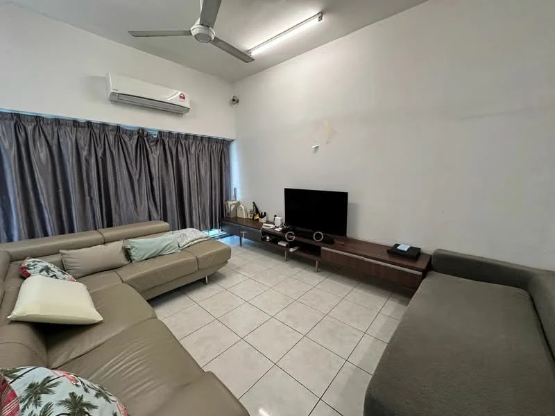 Living features: L-shape sectional sofa in beige, 2-seater sofa in grey, coffee table, wall-mounted TV, TV console, floor-to-ceiling windows with grey curtains, white painted walls, tile flooring, ceiling fan, air conditioning unit; style: modern.