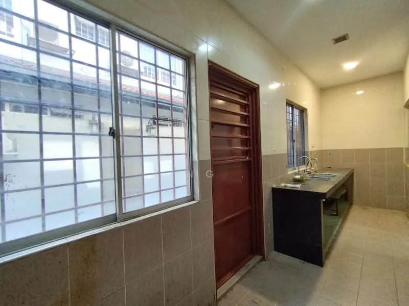 Kitchen features: grey tiled flooring, white tiled walls, single-bowl stainless-steel sink, chrome pull-down faucet, kitchen countertop, window with grid pattern, door with slatted design, built-in cabinetry, recessed ceiling lights.