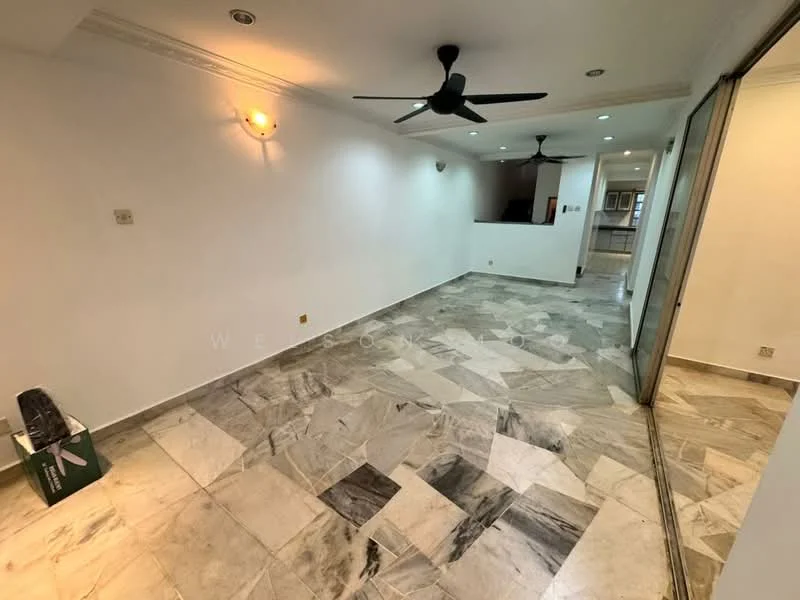 Living features: marble flooring, white painted walls, 5-blade ceiling fan with light, recessed downlights, sliding glass door, wall-mounted light fixtures, open layout, corner for potential cabinetry or shelving; style: modern.
