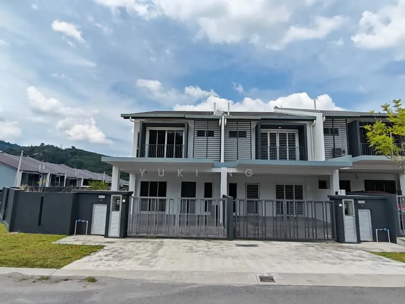 Exterior type: linked terrace house; features: two-storey building, white painted facade, grey accents, recessed balconies, sliding glass doors, metal railing, concrete driveway, manicured lawn, mountain view in background; style: modern.