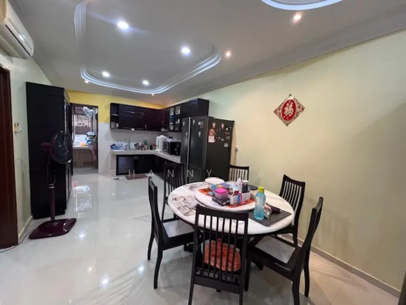 Kitchen features: white painted walls, glossy tile flooring, dark wood cabinetry, stainless-steel refrigerator, built-in oven, freestanding range oven, microwave, round dining table, black dining chairs, kitchen island, countertop with various items, pendant lighting, ceiling with recessed lights; style: modern.