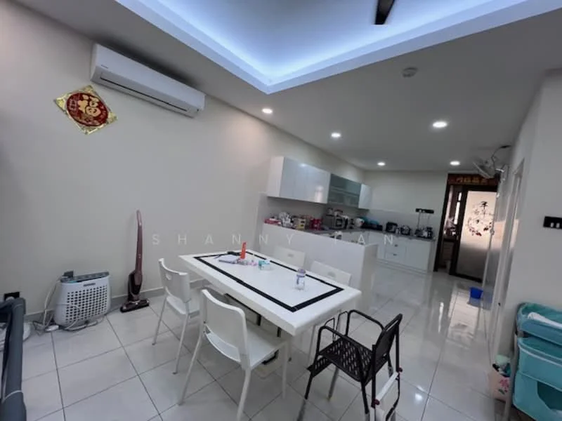 Dining features: white walls, glossy tile flooring, recessed downlights, dining table with white surface, 4 white dining chairs, air conditioning unit on wall, open kitchen layout, kitchen cabinetry in white, kitchen appliances visible, vacuum cleaner, black chair, decorative wall art; style: modern. Kitchen features: white cabinetry, kitchen appliances visible; style: modern.