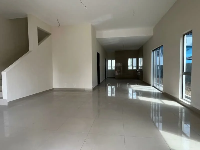 Living features: white painted walls, glossy ceramic tile flooring, large floor-to-ceiling windows, sliding glass door, natural light, open layout, neutral color scheme, high ceiling; style: modern; view: garden. Room features: staircase, white painted walls, glossy ceramic tile flooring.