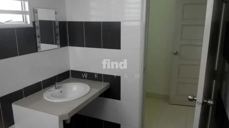 Bathroom features: single-sink vanity with countertop, round basin sink, chrome basin mixer faucet, mirror with frame, black and white tiled walls, light-colored floor tiles, window for natural light, white door, white painted walls; style: modern.