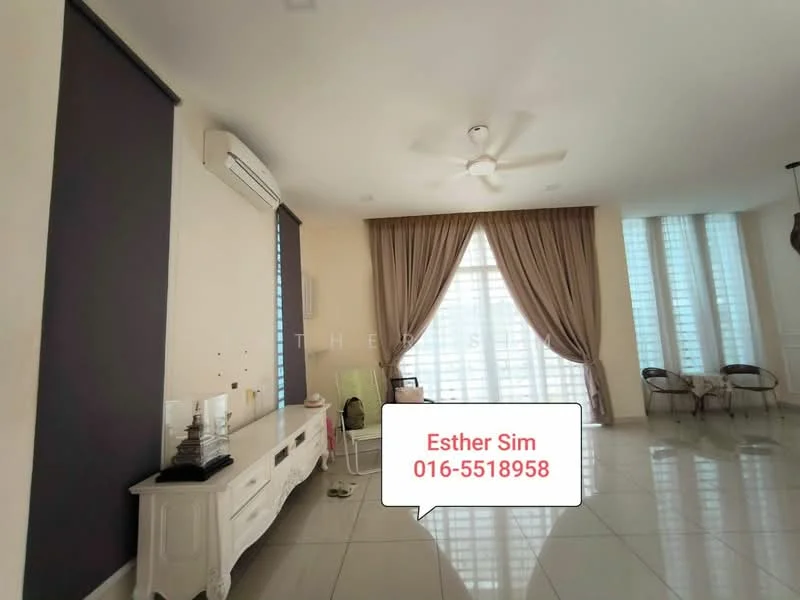 Living features: white walls, cream curtains, floor-to-ceiling windows, sliding glass door, 5-blade ceiling fan with light, white tiled flooring, TV console, decorative wall art, seating area with chairs, decorative plants; style: modern.