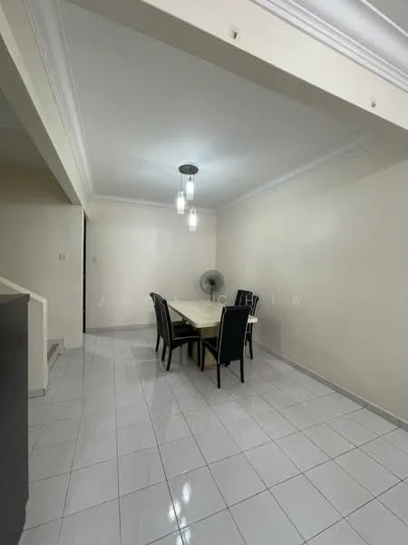 Dining features: white painted walls, glossy white tile flooring, 6-seater dining table, black upholstered dining chairs, ceiling fan, recessed downlights, crown moulding, large window, neutral color scheme; style: modern.