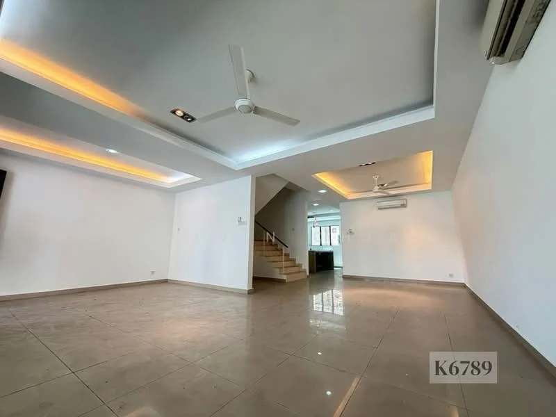 Living features: white painted walls, grey ceiling with recessed lighting, 5-blade ceiling fan with light, large windows for natural light, polished floor tiles, staircase leading to upper level, air conditioning unit, crown moulding; style: modern.