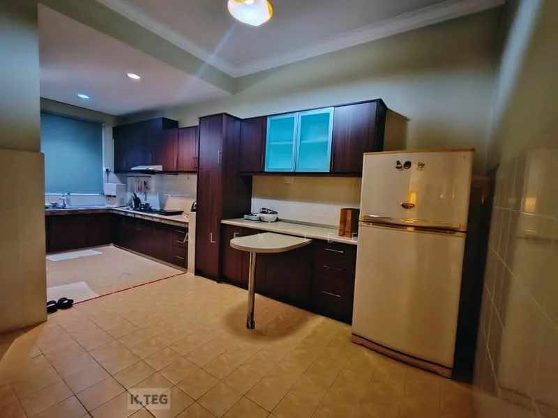 Kitchen features: dark wood cabinetry, white refrigerator, stainless-steel sink, chrome faucet, ceramic tile flooring, light green painted walls, countertop with space for appliances, built-in oven, cooktop with exhaust hood, window with blinds, table with folding design; style: modern.