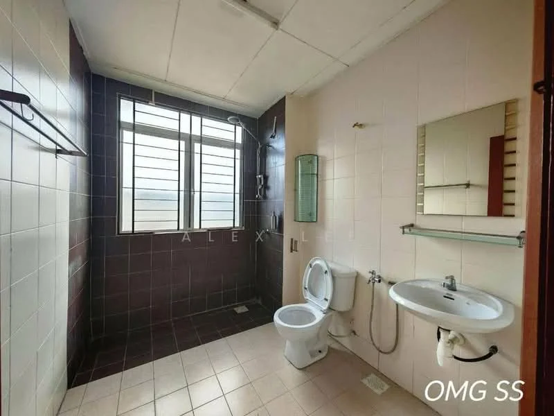 Bathroom features: white tiled walls, dark brown accent wall, ceramic tile flooring, one-piece toilet, wall-mounted sink, framed mirror, shower area with glass partition, window for natural light, towel rack; style: modern.