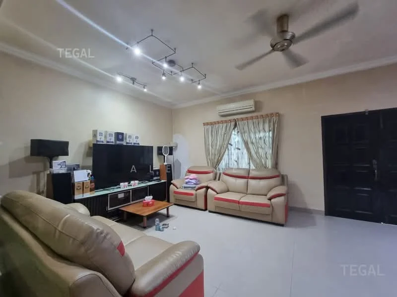 Living features: 3-seater leather sofa in beige with red accents, 2-seater leather sofa in beige with red accents, coffee table, wall-mounted TV, TV console, floor-to-ceiling curtains, ceiling fan with light, recessed downlights, cream painted walls, light-colored tiled flooring, air conditioning unit; style: contemporary.
