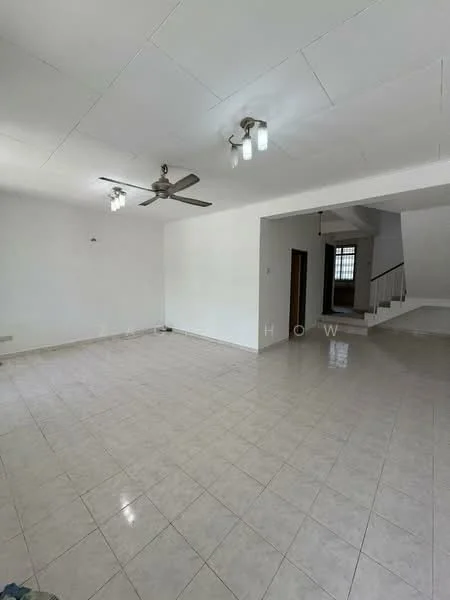 Living features: white painted walls, polished ceramic tile flooring, 5-blade ceiling fan with light, recessed downlights, large open space, neutral color scheme, no visible furniture, sliding door to staircase area; style: modern.