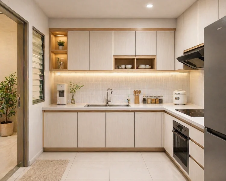 Kitchen features: white cabinetry with wood accents, stainless-steel sink, chrome pull-down faucet, white tiled backsplash, built-in oven, freestanding range oven, microwave, countertop with space for appliances, recessed LED downlights, open shelving with decorative items, floor tiles in light color, window with green view, kitchen rug; style: modern; view: garden.