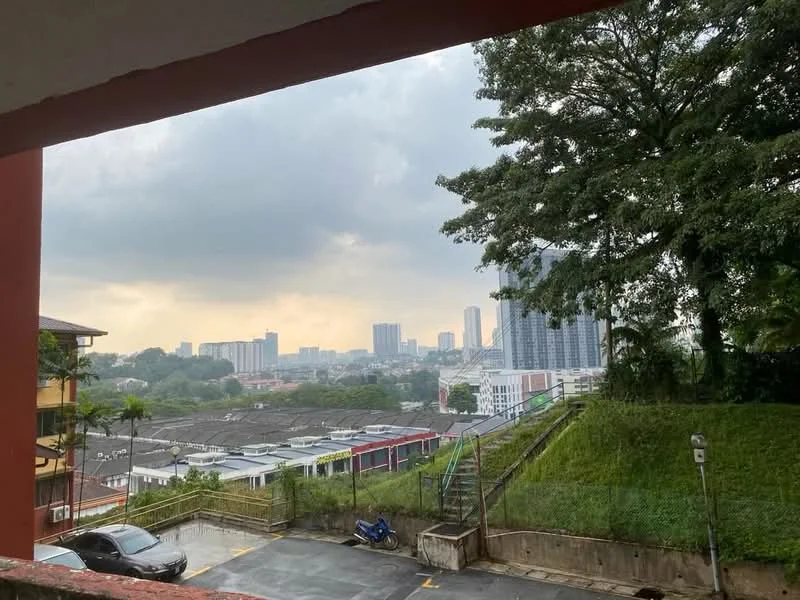 Exterior type: low-rise apartment block; features: city skyline view, manicured lawn, surrounded by greenery, parking lot, staircase leading down, multi-storey buildings in background, overcast sky; style: modern.