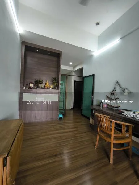 Room features: light grey painted walls, wooden flooring, recessed downlights, built-in wall shelf with decorative items, glass door, wooden desk with chair, small blue stool, open space layout; style: modern.