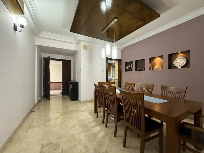 Dining features: marble tile flooring, cream painted walls, dark wood dining table, 8 wooden dining chairs, recessed downlights, decorative wall clock, feature wall with purple paint, crown moulding, wooden ceiling with integrated lighting; style: modern. Room features: white walls, doorway leading to another room, open space leading to kitchen.