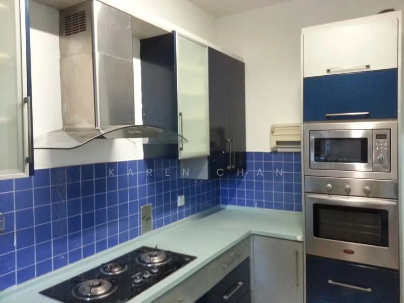 Kitchen features: stainless-steel range hood, 2-burner gas hob, built-in microwave, built-in oven, blue tiled backsplash, light blue countertop, dark blue cabinetry, white upper cabinets, stainless-steel appliances, wall-mounted kitchen cabinet, kitchen sink; style: modern.