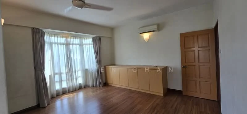 Living features: wooden flooring, white painted walls, floor-to-ceiling windows, sheer curtains, 1 wall-mounted split AC, 5-blade ceiling fan, built-in cabinetry, door with panel design.