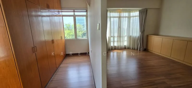 Room features: wooden flooring, built-in wooden wardrobe, large windows, sheer curtains, cream painted walls, natural light, corner unit, wooden cabinetry; style: modern; view: city.