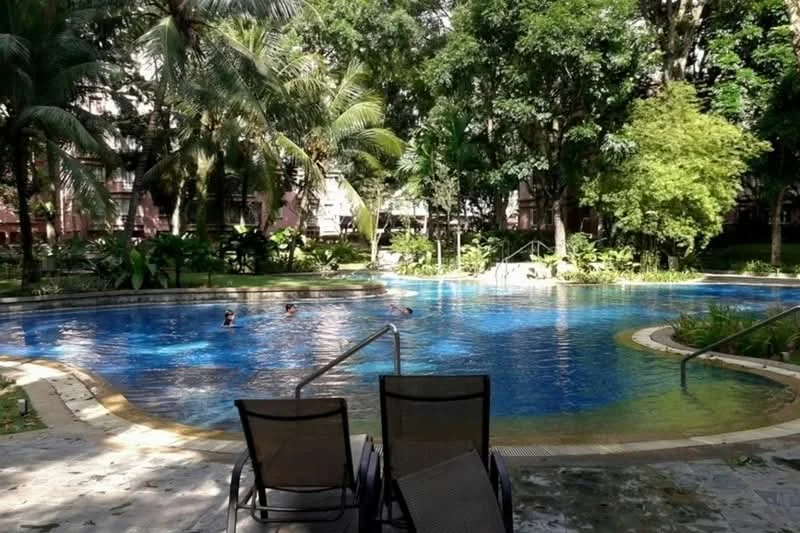 Exterior type: swimming pool deck; features: infinity pool, pool deck with loungers, lush tropical landscaping, mature palm trees, surrounding greenery, stone-paved walkway; style: tropical-modern.