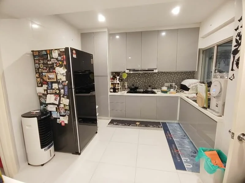 Kitchen features: grey flat-panel cabinets, white countertop, black stainless-steel fridge, built-in oven, 4-burner gas hob, black range hood, white ceramic tile backsplash, white tiled flooring, recessed LED downlights, window with sheer curtains, kitchen utensils on countertop, decorative magnets on fridge; style: modern.