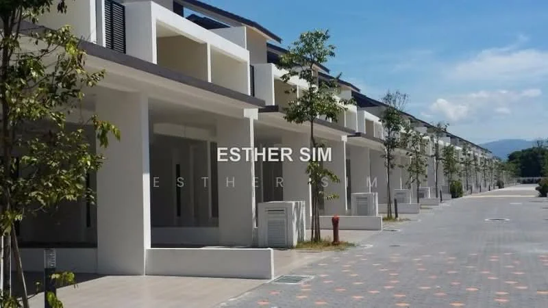 Exterior type: linked terrace house; features: white painted facade, flat roof, 2-storey, manicured lawn, paved walkway, multiple air conditioning units visible, surrounded by greenery, driveway with interlocking pavers; style: modern.