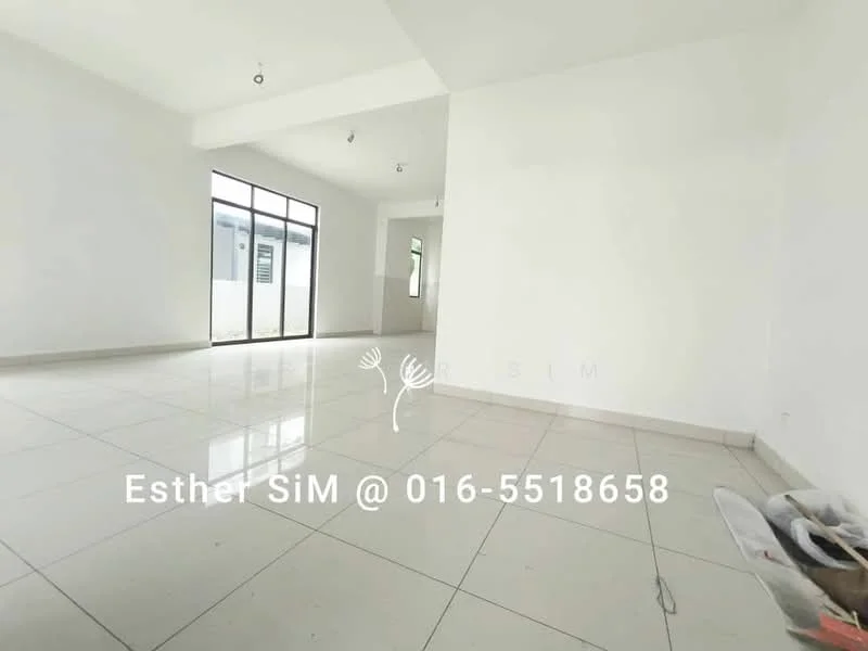 Room features: white painted walls, polished ceramic tile flooring, large windows, natural light, recessed downlights, open layout, high ceiling; style: modern.