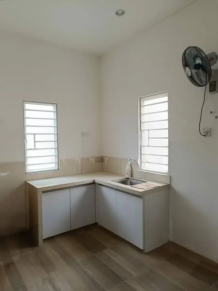 Kitchen features: single-bowl stainless-steel sink, chrome pull-down faucet, white cabinetry, laminate countertop, two windows with horizontal slats, wall-mounted ceiling fan, wood-look tile flooring, light-colored wall with tile cladding; style: modern.