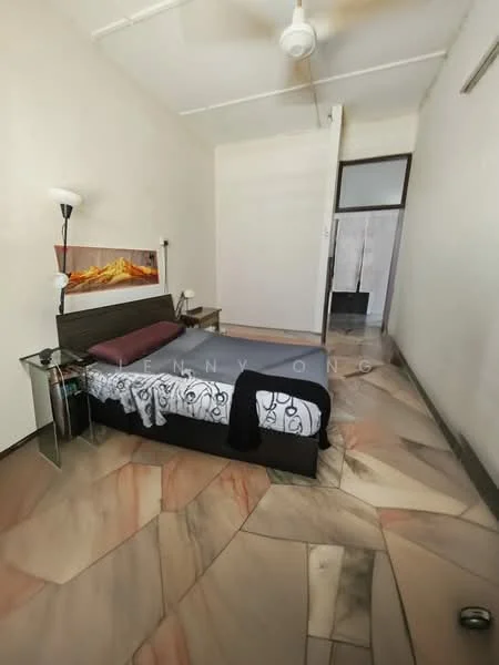 Bedroom features: king-size bed, upholstered headboard, 2 bedside lamps, glass side tables, marble flooring, white painted walls, ceiling fan, window with natural light; style: modern.