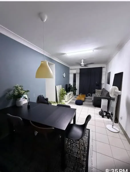 Living features: grey accent wall, white painted walls, tile flooring, 5-blade ceiling fan, pendant lamp, sofa in grey, coffee table, TV console, wall-mounted TV, area rug, dining table in black, 4 dining chairs, potted plant, floor lamp; style: modern.