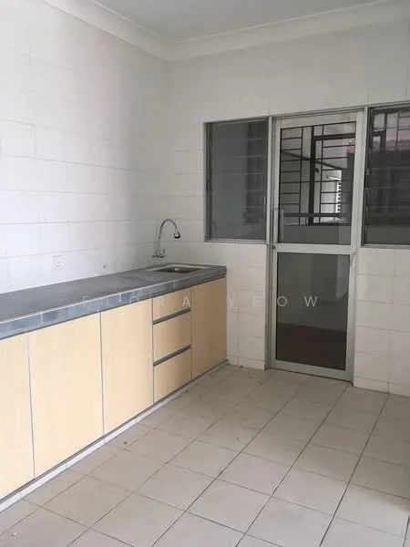 Kitchen features: single-bowl stainless-steel sink, chrome pull-down faucet, laminate countertop in grey, light wood cabinetry with flat-panel doors, tile flooring, white painted walls, window with metal grille, sliding glass door; style: modern.