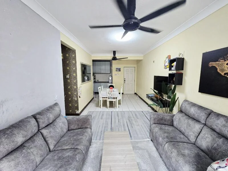 Living features: 2-seater fabric sofa in grey, coffee table, wall-mounted TV, entertainment unit, ceiling fan, laminate flooring, decorative wall art, plant in pot; style: modern. Dining features: 4-seater dining table, white dining chairs, open kitchen layout, tile flooring; style: modern.