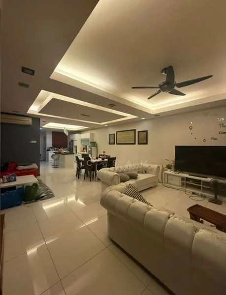 Living features: white leather sofa, 3-seater sofa, coffee table, wall-mounted TV, entertainment unit, recessed ceiling lights, 5-blade ceiling fan, polished tile flooring, decorative wall art, open layout to dining area, neutral wall color, area rug with geometric pattern; style: modern. Dining features: dining table for 6, upholstered dining chairs, open layout to living area; style: modern. Kitchen features: kitchen island, stainless-steel appliances, open layout to dining area; style: modern.