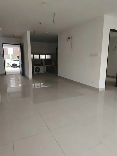 Room features: white painted walls, glossy ceramic tile flooring, recessed downlights, floor-to-ceiling windows, open layout, air conditioning unit, doorway leading outside, visible electrical wiring; style: modern.