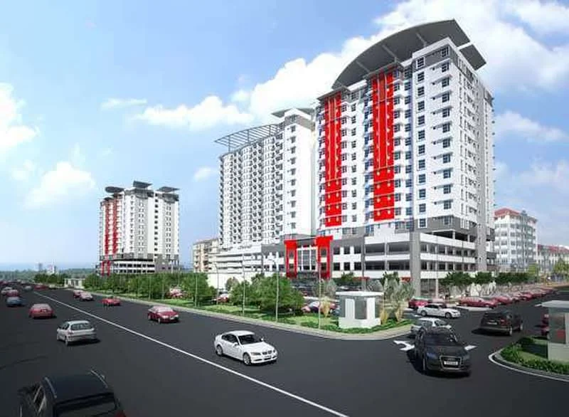 Exterior type: high-rise condominium; features: glass curtain wall, red accent panels, multiple storeys, parking deck, manicured landscaping, surrounded by road access, balconies on upper floors, modern architectural design; style: modern.
