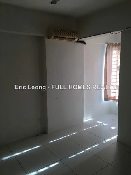 Room features: white painted walls, tile flooring, 1 wall-mounted split AC, natural light from window, sheer curtains, light streaming through window.