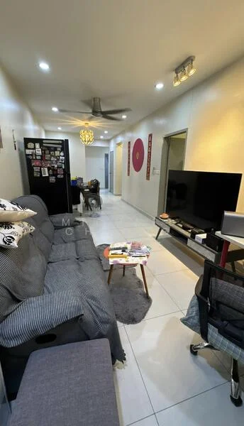 Living features: 3-seater fabric sofa in grey, area rug with geometric pattern, coffee table, wall-mounted TV, TV console, ceiling fan, recessed LED downlights, white painted walls, tile flooring, decorative wall art, framed photographs, open layout to adjacent rooms; style: modern. Room features: white painted walls, tile flooring, recessed LED downlights.