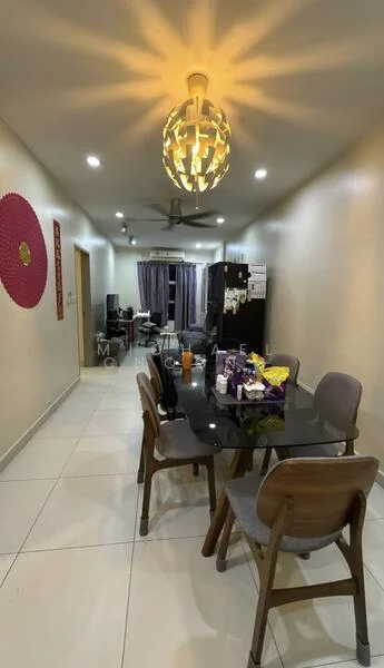Dining features: black glass dining table, 4 wooden dining chairs, pendant light fixture, white painted walls, tile flooring, ceiling fan, framed artwork on wall, curtains on windows, refrigerator, computer workstation in background; style: modern.