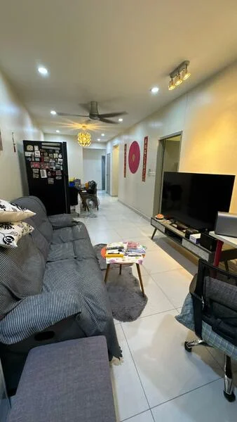 Living features: 3-seater fabric sofa in grey, coffee table, TV console, wall-mounted TV, area rug, ceiling fan, recessed LED downlights, white painted walls, tile flooring, decorative wall art, black fridge, dining table with chairs visible in background; style: modern.