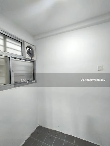 Room features: white painted walls, grey tiled flooring, 1 wall-mounted split AC, window with metal frame, natural light from window.