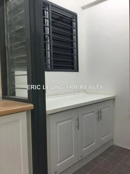 Laundry features: white cabinetry with flat-panel doors, countertop in white, grey tiled flooring, window with security bars, wall-mounted shelving, light fixture, space for appliances; style: modern.