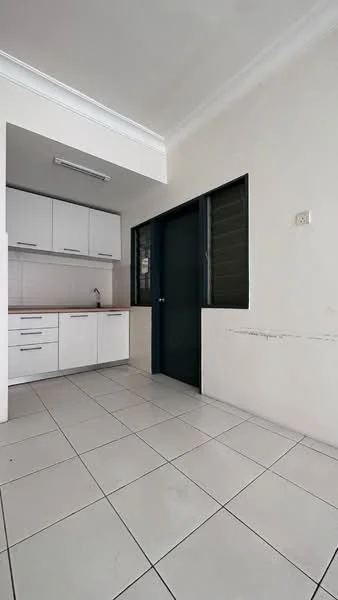 Kitchen features: white cabinetry, wood countertop, single-bowl stainless-steel sink, chrome faucet, ceramic tile flooring, white tiled backsplash, recessed ceiling lights, window with black frame, door leading outside; style: modern.