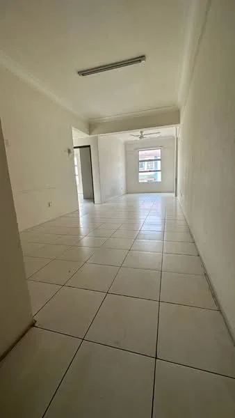 Room features: white painted walls, plain ceiling, tile flooring, large window, ceiling fan, open layout, neutral color scheme, natural light; style: minimalist.