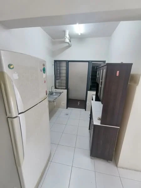 Kitchen features: white walls, white tiled flooring, single-bowl stainless-steel sink, chrome pull-down faucet, built-in kitchen cabinet, freestanding fridge, countertop, window with grille, overhead lighting.