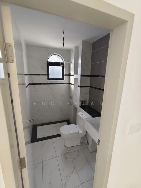 Bathroom features: white ceramic toilet, single-sink vanity with grey cabinet, chrome basin mixer faucet, framed mirror, walk-in shower with glass enclosure, marble tile flooring, white marble walls with black accent strip, window with black frame, recessed lighting; style: modern.