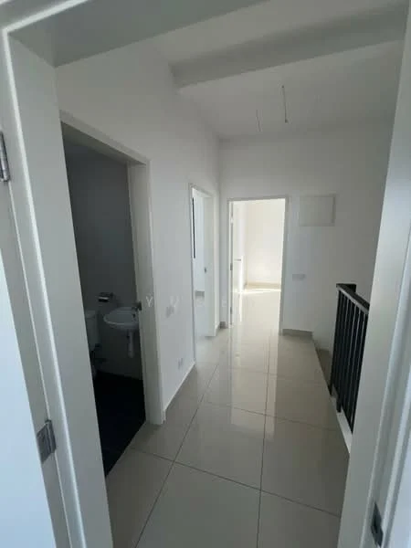 Room features: white painted walls, glossy ceramic tile flooring, doorway leading to bathroom, doorway leading to another room, stair railing, natural light from windows, ceiling with recessed lighting, neutral color scheme; style: modern.