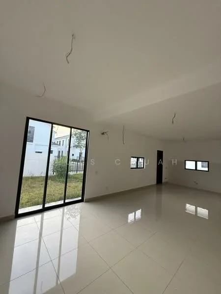 Room features: white painted walls, polished ceramic tile flooring, sliding glass door, floor-to-ceiling windows, exposed ceiling with wiring, natural light from windows, view of outdoor space; view: garden.