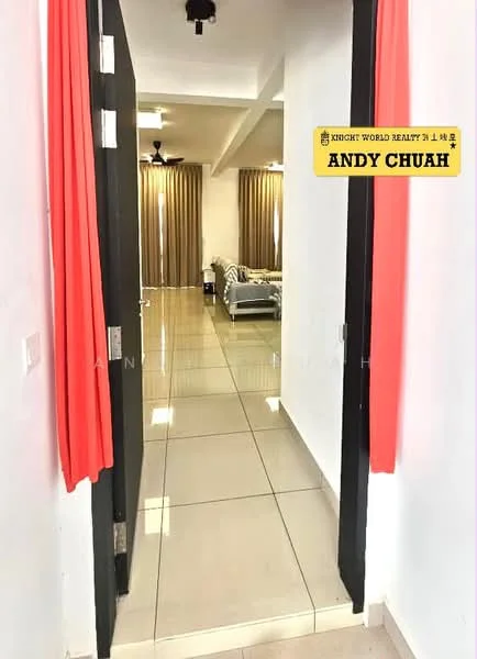 Room features: tiled flooring, white walls, ceiling with exposed beams, 5-blade ceiling fan, curtains in beige, door frames in black, light source from ceiling, open layout, furniture visible in background; style: modern.